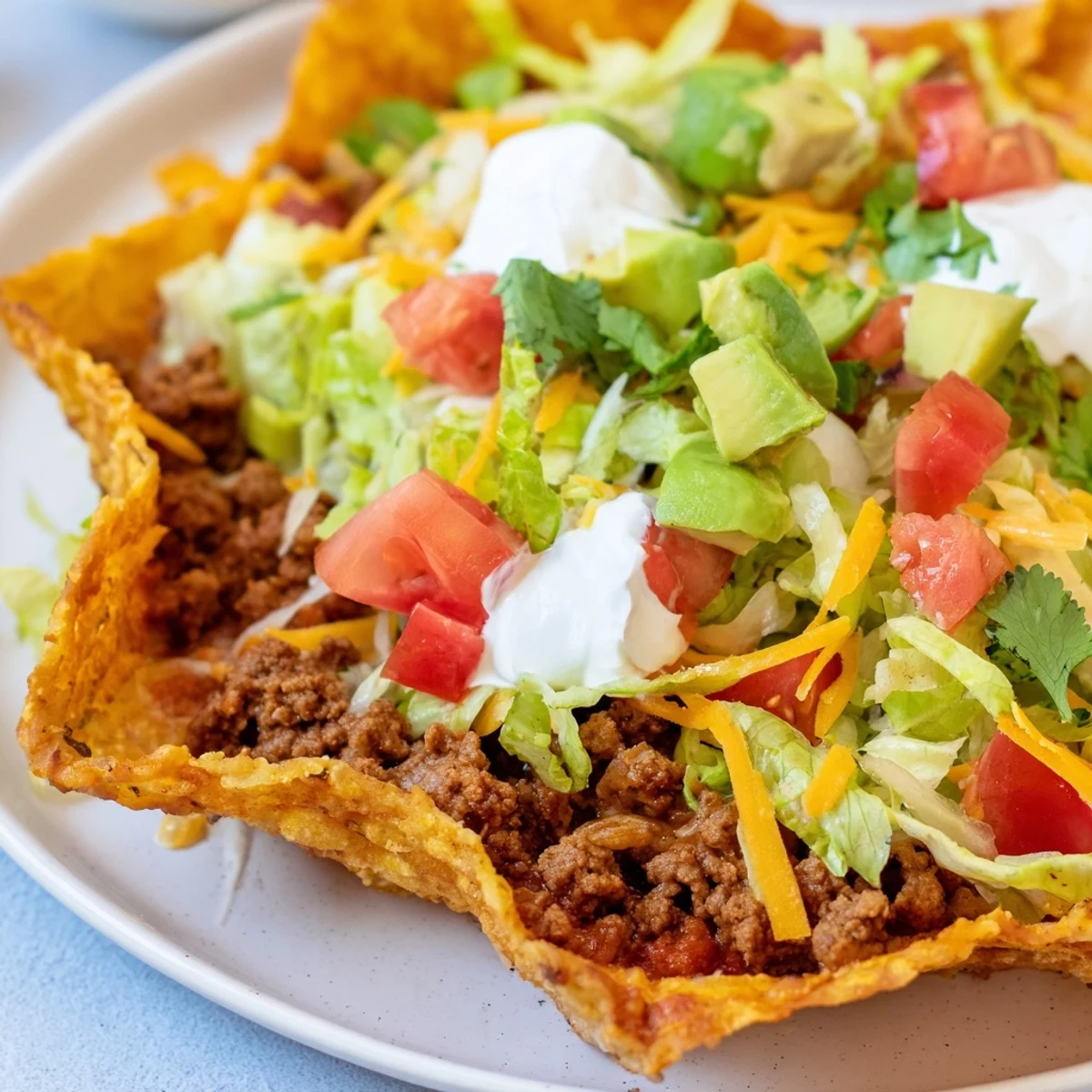 Crispy hard taco shells filled with savory seasoned ground beef, topped with fresh lettuce, tomato, cheese, and sour cream.