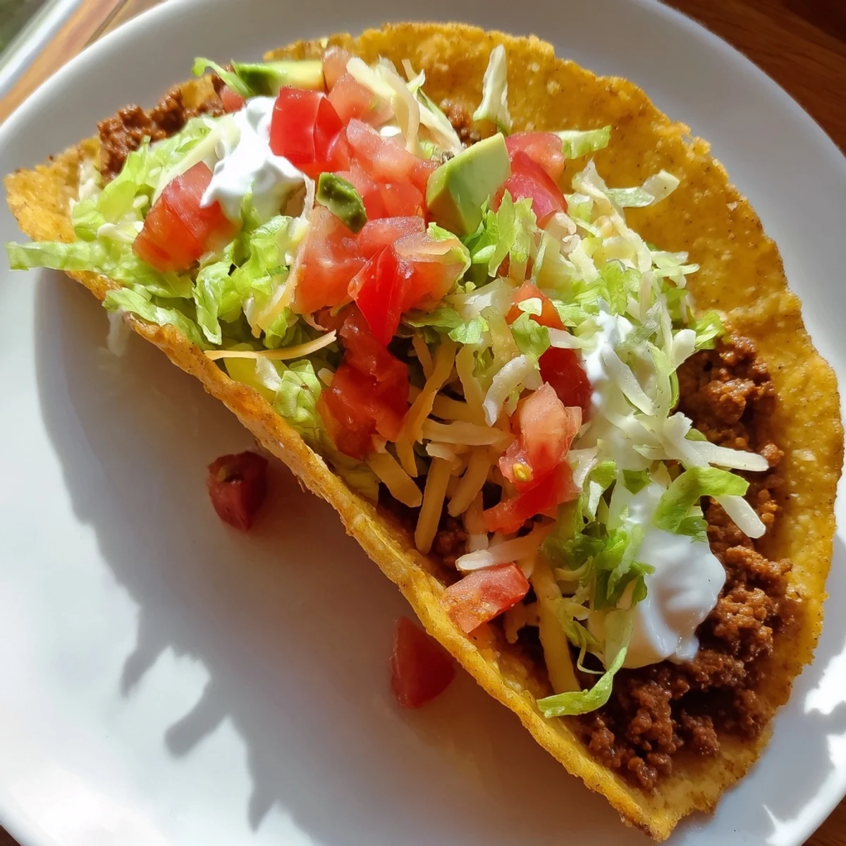 Classic Mexican-inspired meal featuring golden crunchy taco shells stuffed with spiced beef and creamy avocado slices.