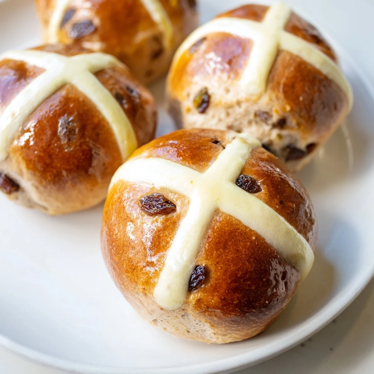 Golden brown Easter Hot Cross Buns on a wire rack, with a sweet apricot glaze and tea.