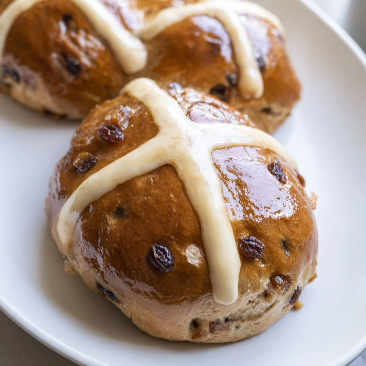 A close-up of soft Easter Hot Cross Buns studded with currants and candied peel, ready to serve.