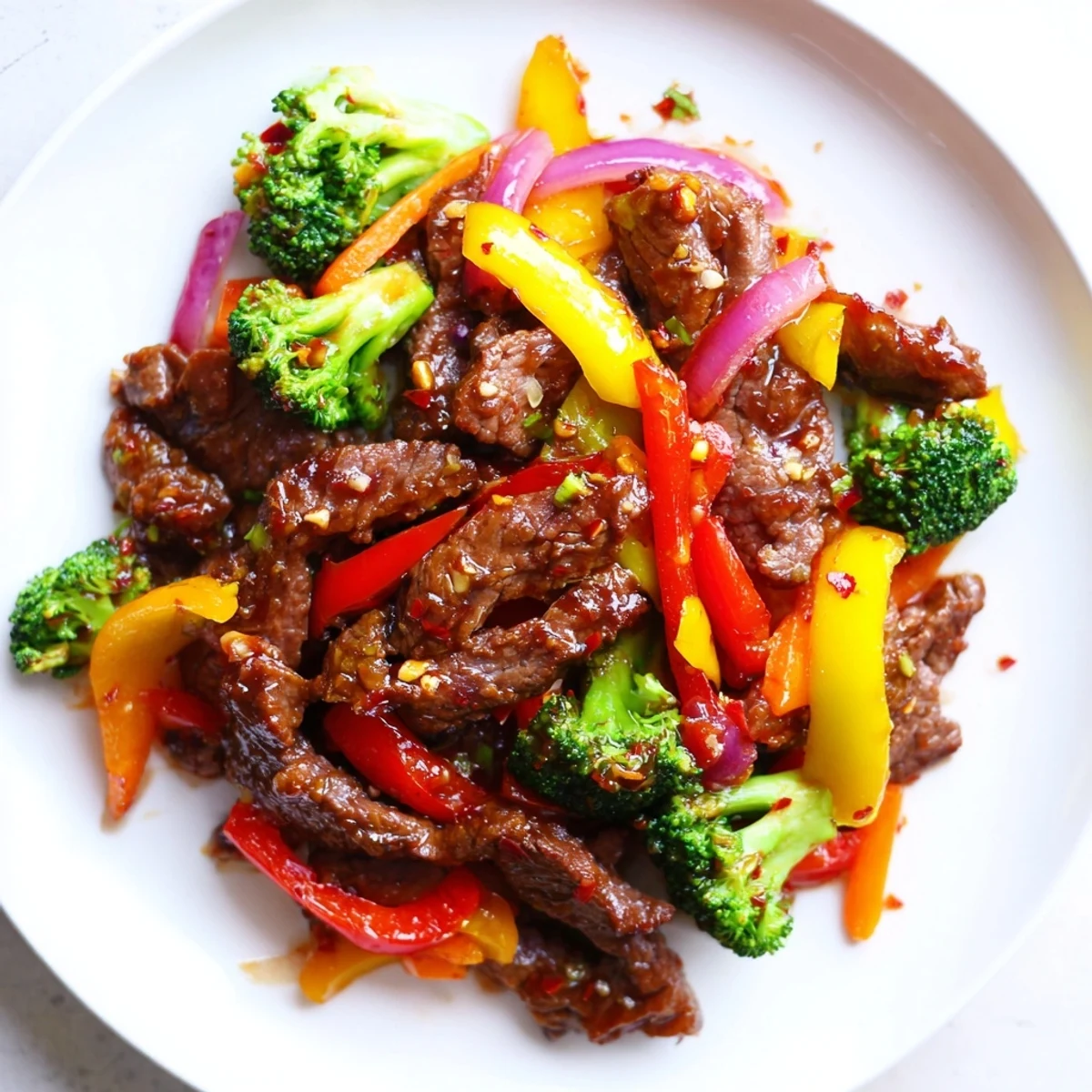 Tender beef strips and crisp bell peppers glisten in the Spicy Beef Stir Fry with Vegetables, served over steamed rice. 