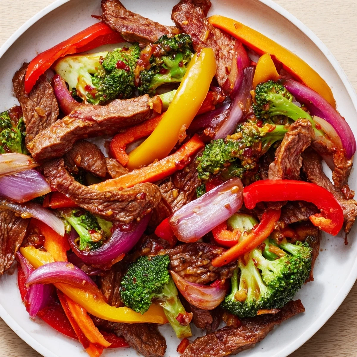 A close-up of Spicy Beef Stir Fry with Vegetables shows glazed broccoli florets and carrots alongside savory beef slices. 