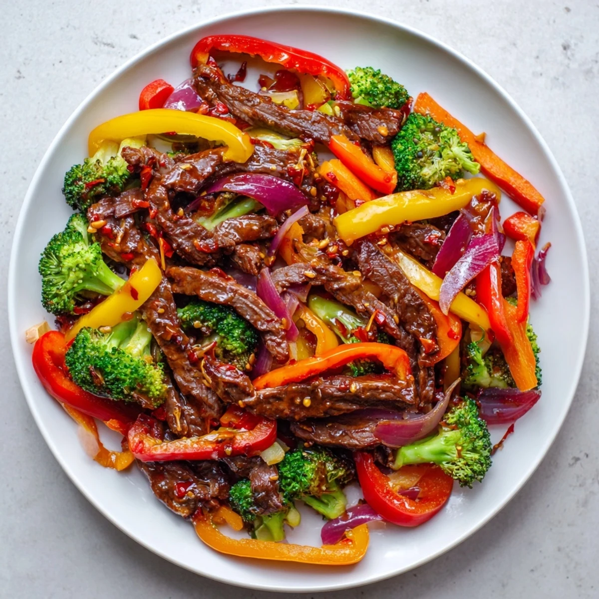 Vibrant red onions and sesame seeds top the Spicy Beef Stir Fry with Vegetables, perfect for a weeknight dinner.