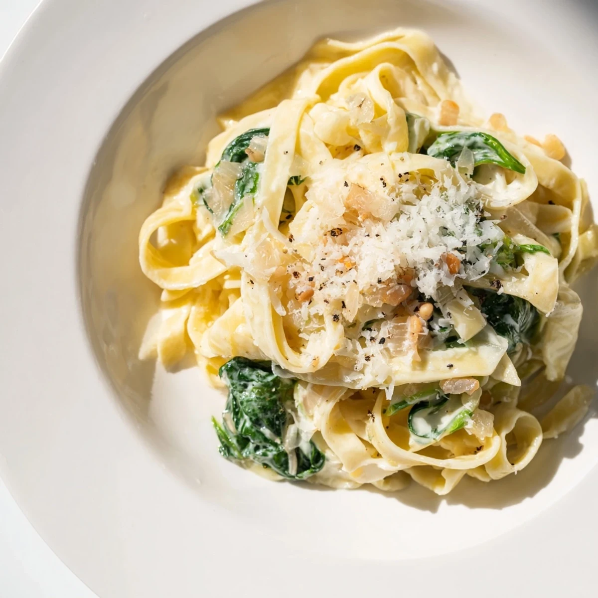 Steaming bowl of Creamy Spinach Pasta with Garlic Sauce, featuring wilted greens and grated Parmesan garnish.