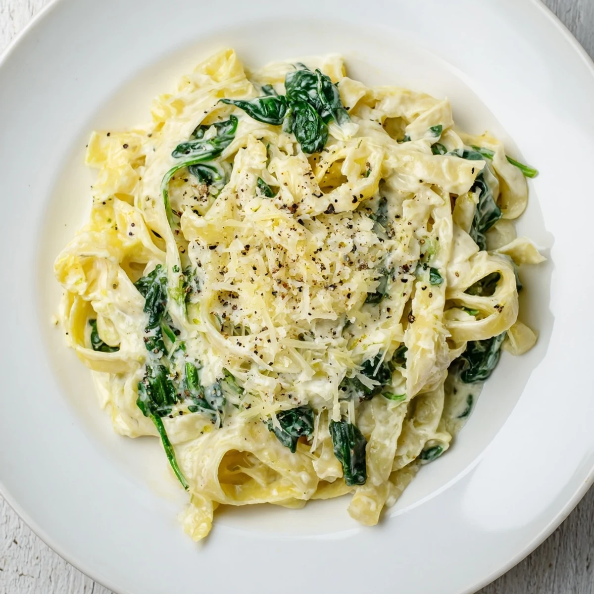 Close up of Creamy Spinach Pasta with Garlic Sauce tossed in a silky cream sauce and fresh spinach.