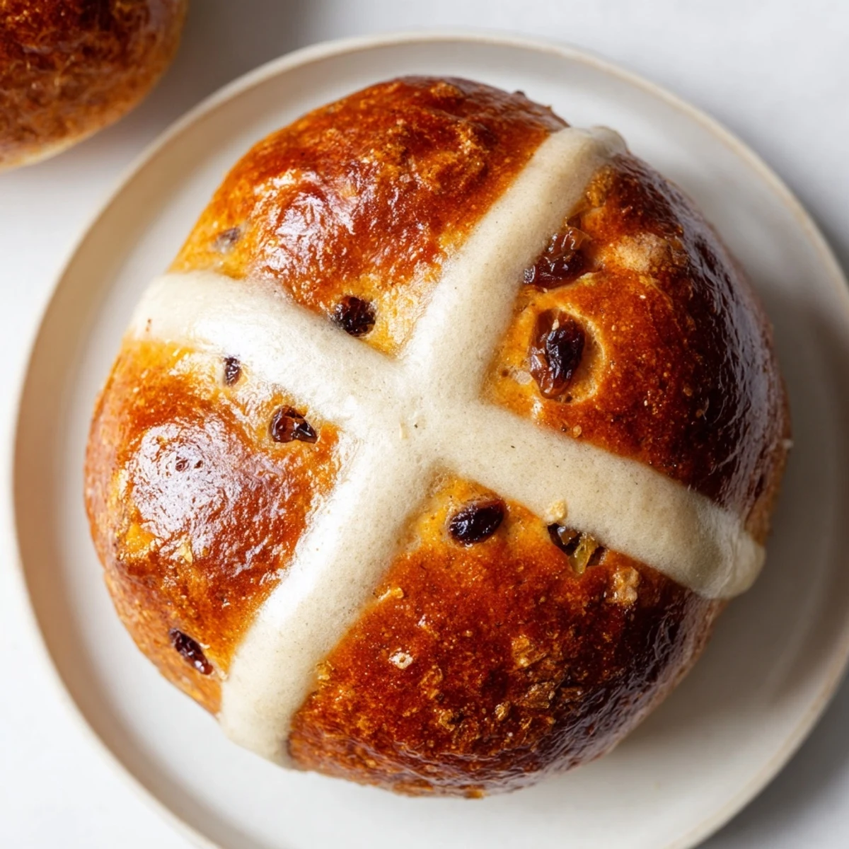 Golden-brown Easter Hot Cross Buns fresh from the oven, with a glossy apricot glaze and traditional flour crosses on top.