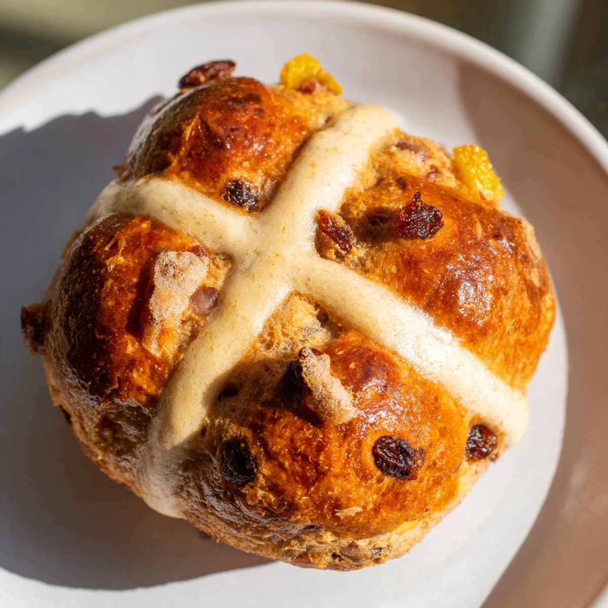 Warm Easter Hot Cross Buns, fragrant with cinnamon and nutmeg, studded with currants and orange zest on a wire rack.