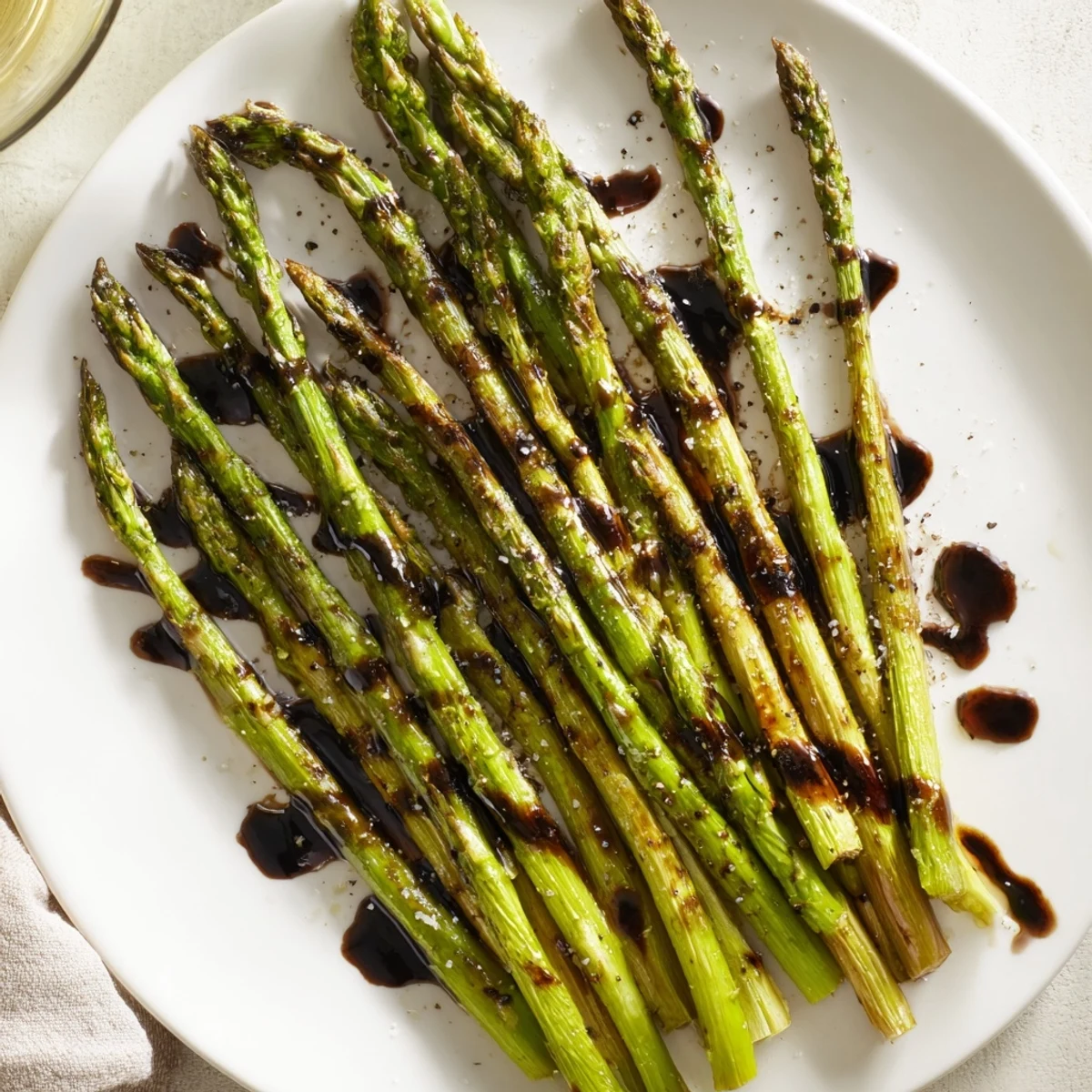 Close-up view of tender roasted asparagus with balsamic reduction, garnished with cracked black pepper and fresh herbs for a vibrant spring meal.