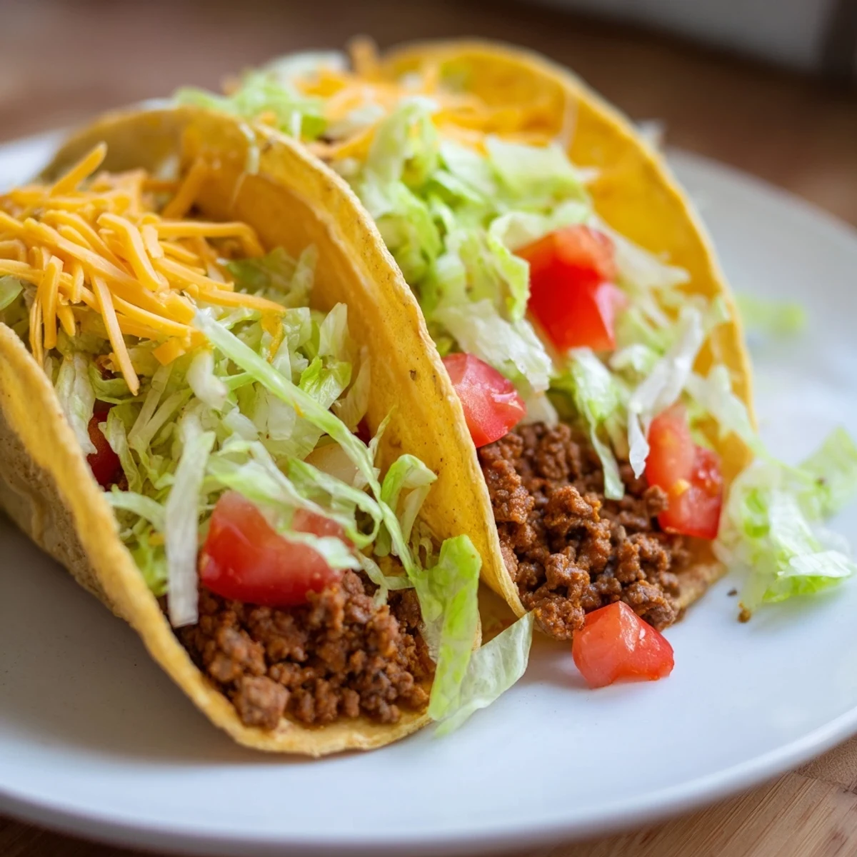 Crispy hard shell Beef Tacos with seasoned ground beef, shredded cheddar, lettuce, and diced tomatoes on a plate.
