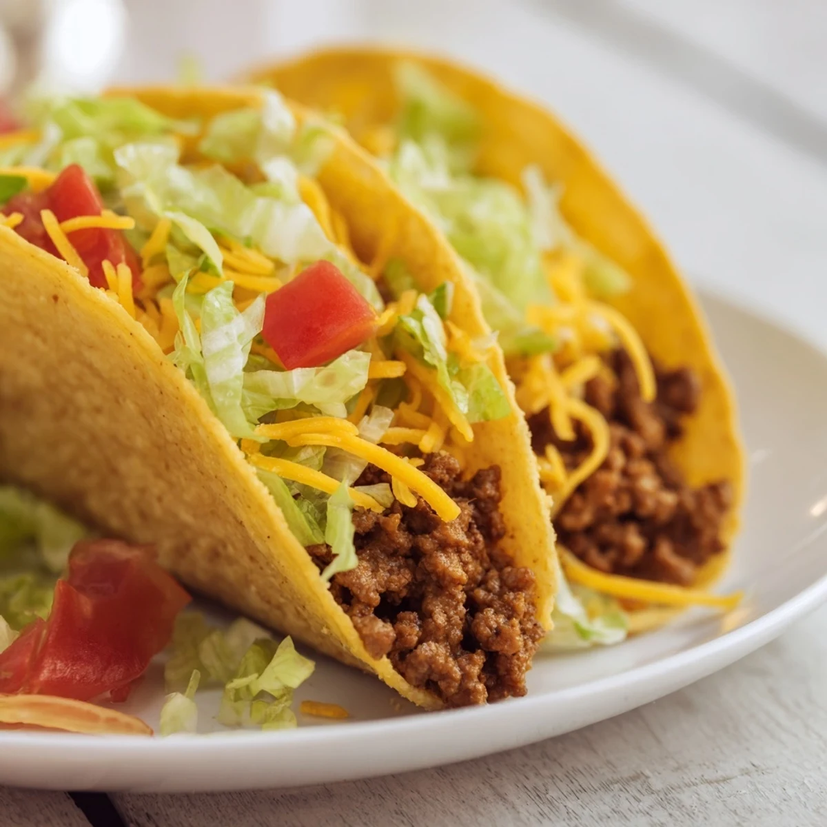 Sizzling skillet of seasoned ground beef next to warm hard shells for assembling Beef Tacos with cheese and toppings.