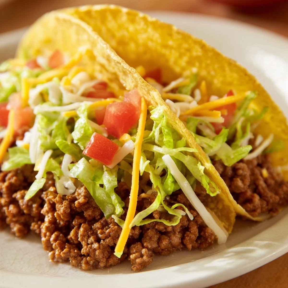 Platter of Beef Tacos garnished with fresh cilantro and green onions, served with salsa and sour cream for taco night.