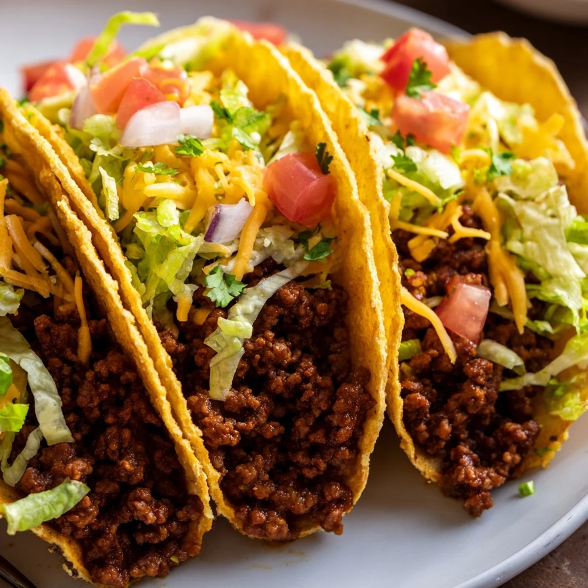 Crispy hard-shell Beef Tacos filled with seasoned ground beef, melted cheddar, shredded lettuce, and diced tomatoes served with sour cream.