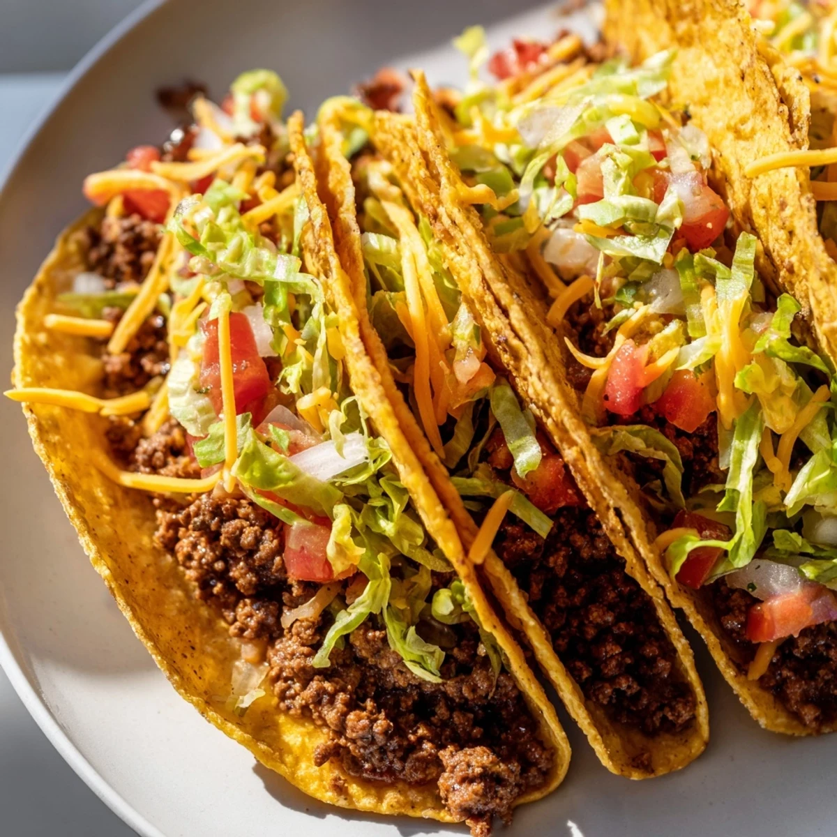 Golden-baked Beef Tacos with crunchy shells, savory beef filling, fresh toppings, and melted cheese on a platter with salsa.
