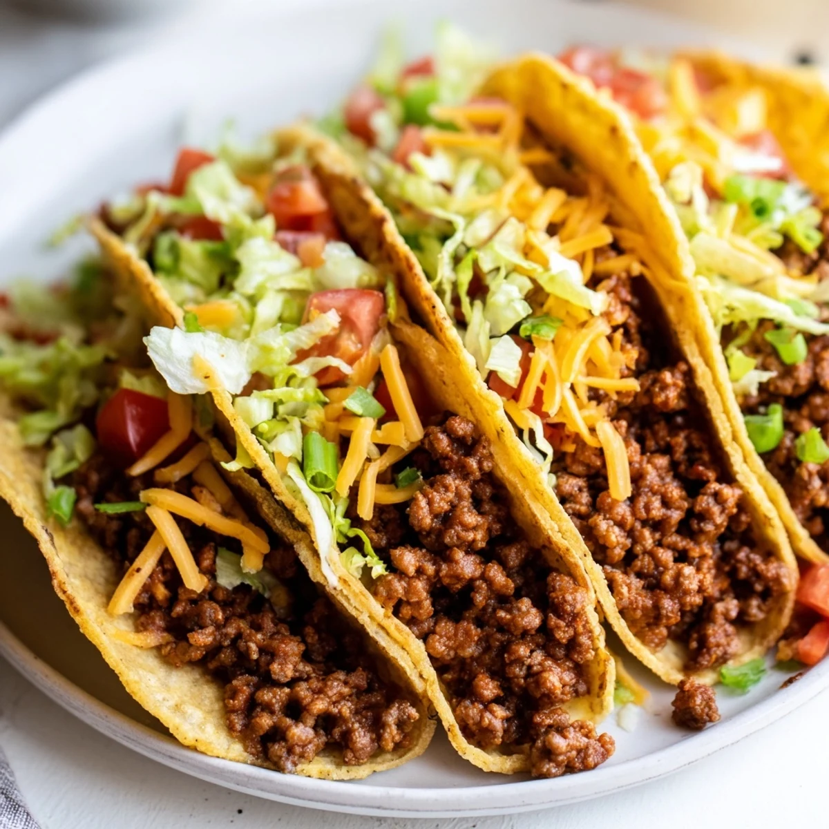 A close-up of Beef Tacos with hard shells, stacked with seasoned beef, crisp lettuce, juicy tomatoes, and shredded cheese.