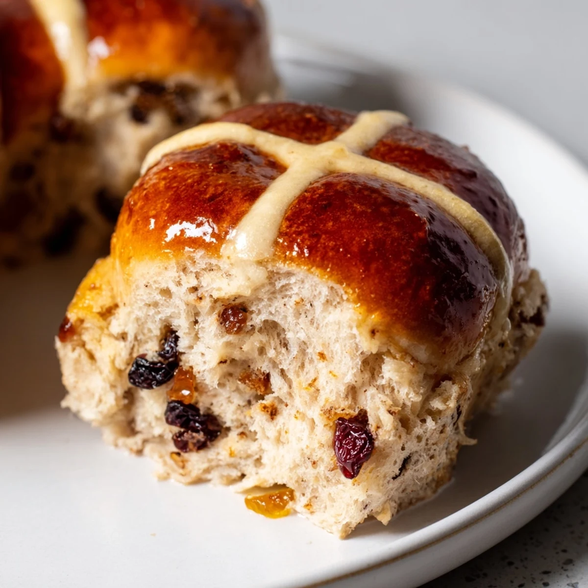 Twelve freshly baked Easter Hot Cross Buns on a cooling rack, glowing golden with a sticky apricot glaze.