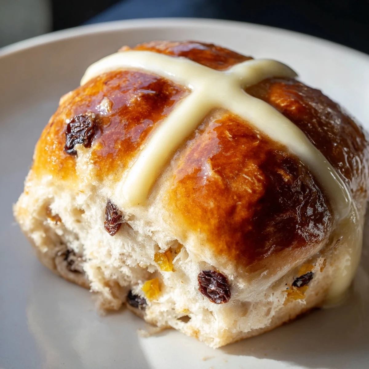 Soft, fluffy Easter Hot Cross Buns featuring piped crosses and visible orange zest and raisins inside.