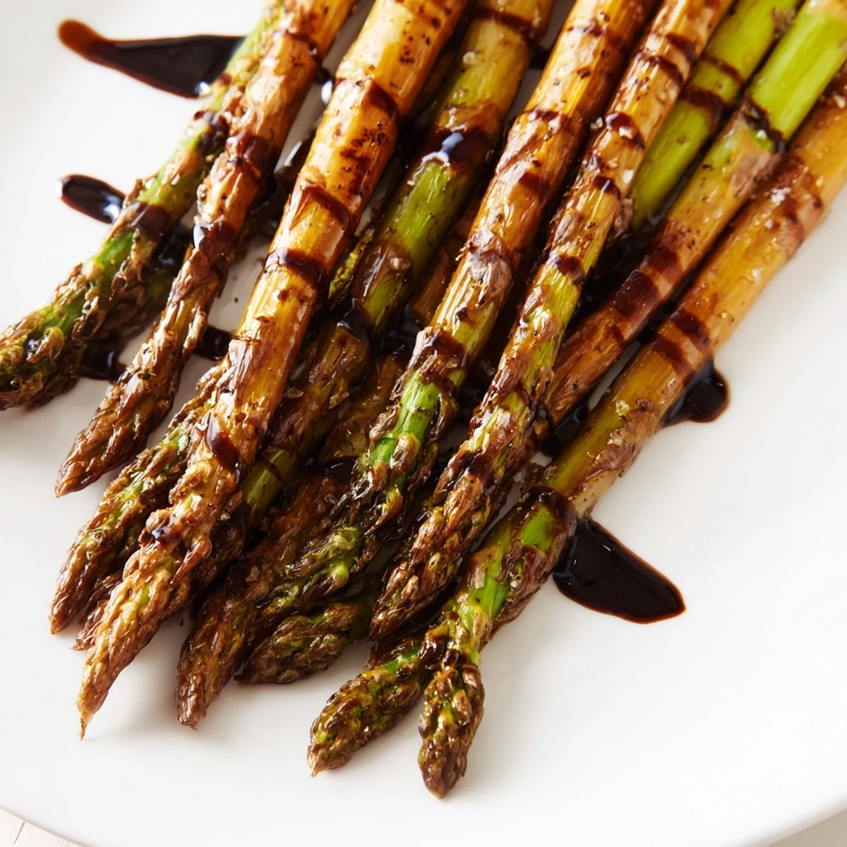 Roasted Asparagus with Balsamic Glaze in a rustic ceramic dish with shiny glaze drizzled over green spears.
