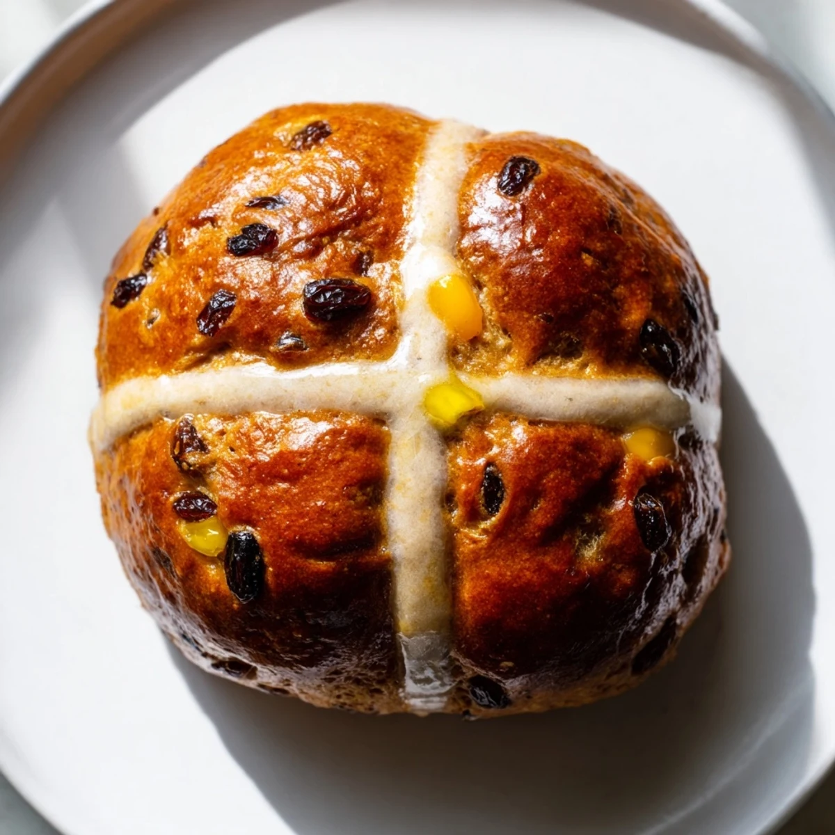 Warm Easter Hot Cross Buns on a wire rack with apricot glaze, perfect for a festive breakfast.