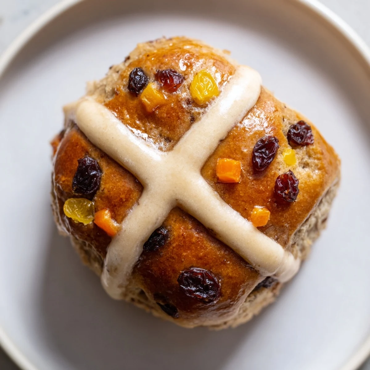 Golden-brown Easter Hot Cross Buns piped with a flour paste cross, ready to serve with butter.