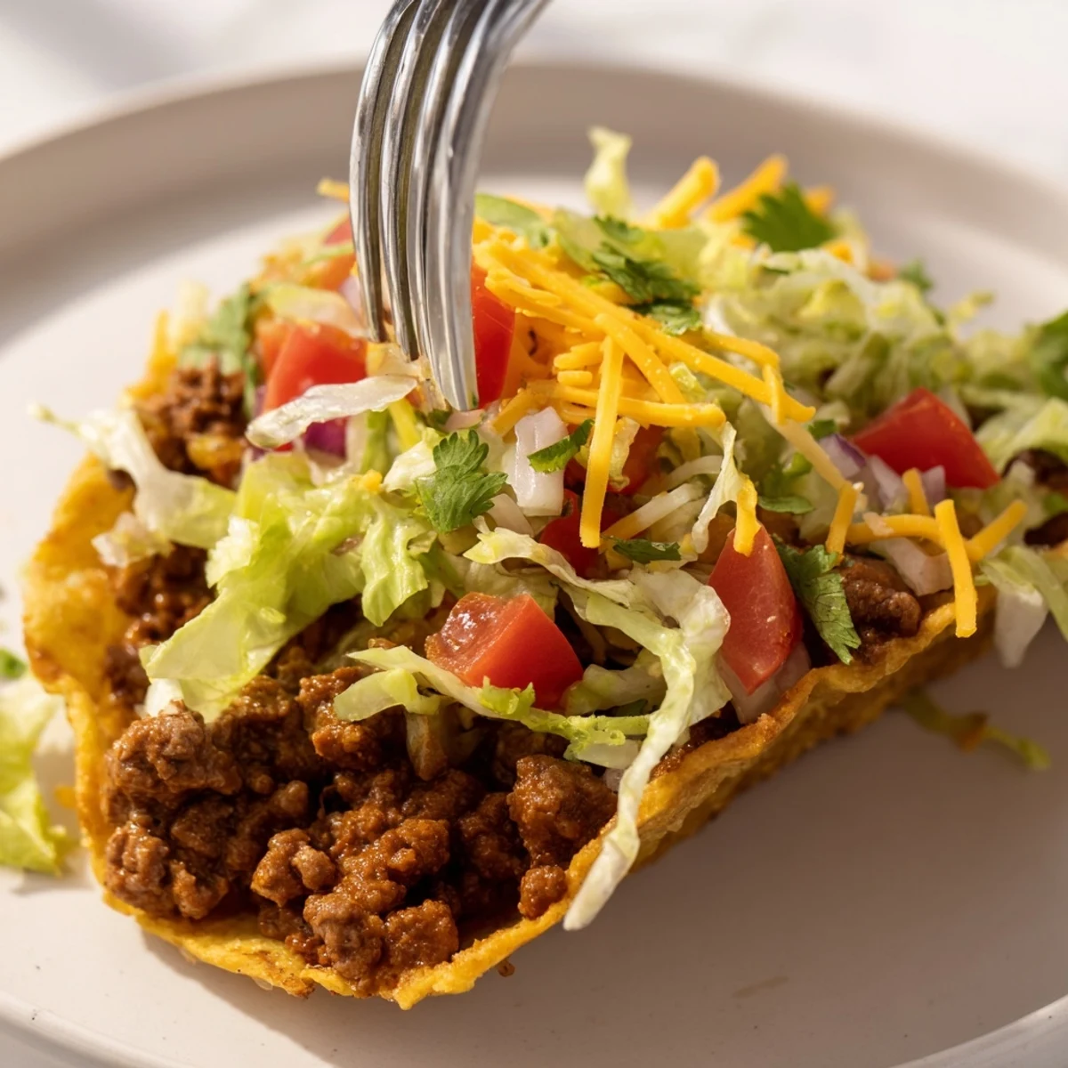 Golden beef tacos with hard shells arranged on a baking sheet, topped with fresh cilantro, sour cream, and bright lime wedges.