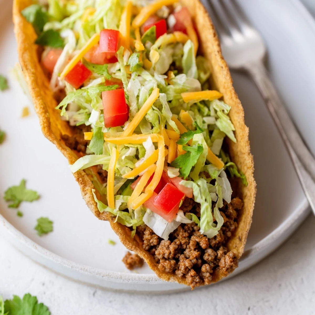 Crispy hard beef taco shells are filled with seasoned meat, shredded lettuce, diced tomatoes, and melted cheddar cheese on a plate.