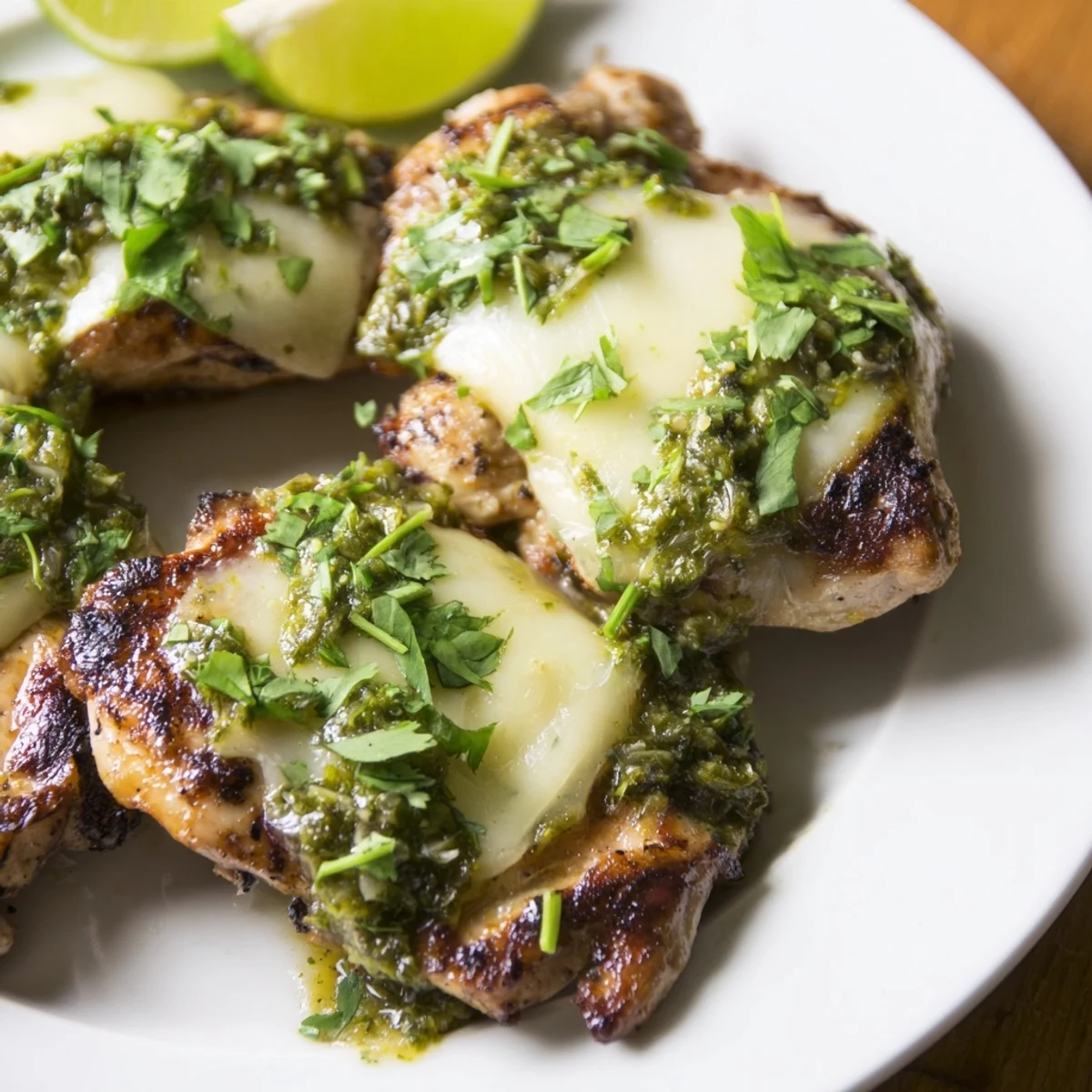 Juicy Grilled Salsa Verde Pepper Jack Chicken topped with melted cheese and fresh cilantro garnish.