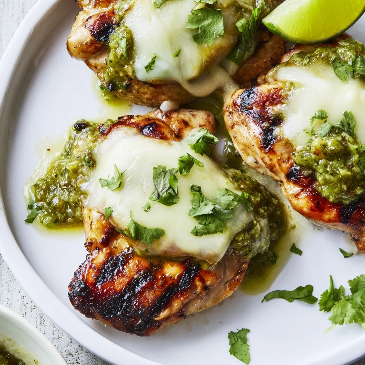 A close-up of Grilled Salsa Verde Pepper Jack Chicken with zesty green salsa and lime wedges.