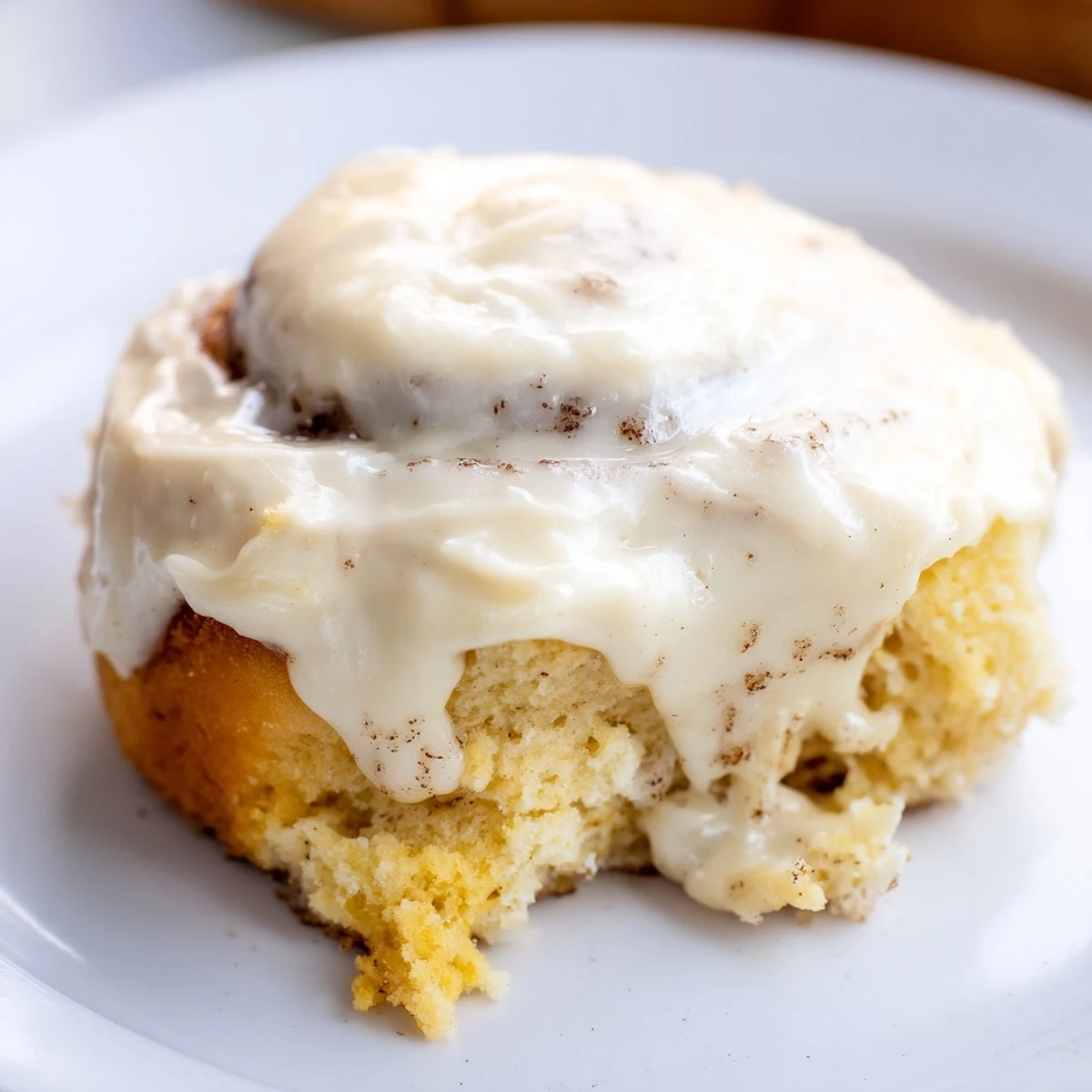 A warm Keto Cinnamon Bun with cream cheese icing drips over its soft, fluffy spiral on a rustic wooden board.