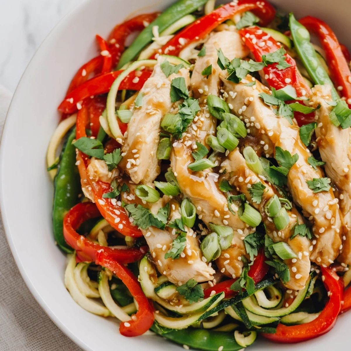 Tender chicken and crisp zucchini noodles in a savory garlic sauce for Garlic Chicken Zucchini Noodles Stir Fry