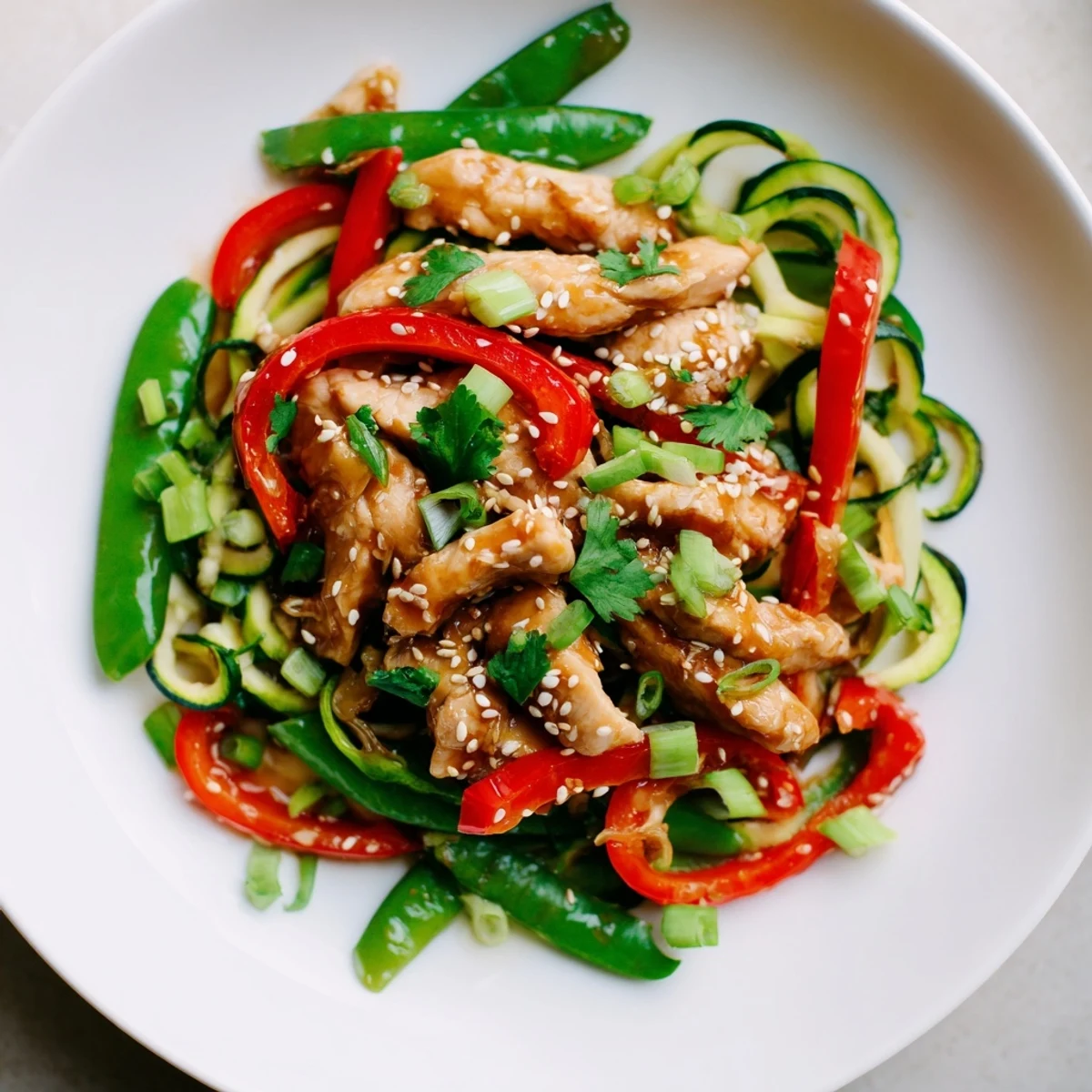 A close-up of Garlic Chicken Zucchini Noodles Stir Fry showing colorful veggies and sesame seeds garnish