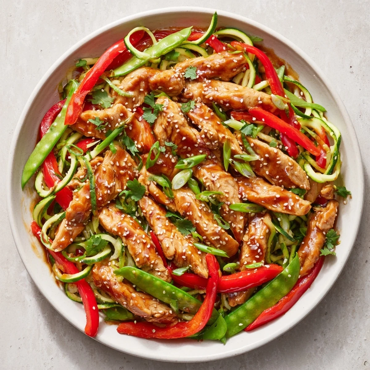 Serve Garlic Chicken Zucchini Noodles Stir Fry with chopsticks and a lime wedge for a fresh finish