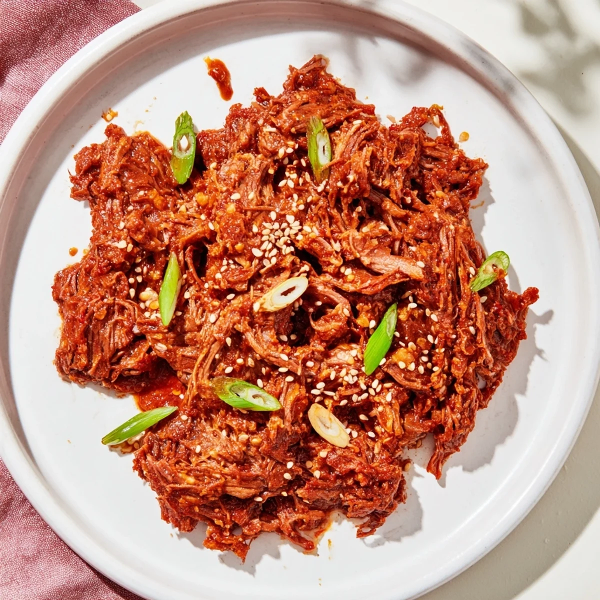 Plated Slow Cooker Korean Beef garnished with green onions and sesame seeds, perfect for spooning into crisp lettuce wraps.