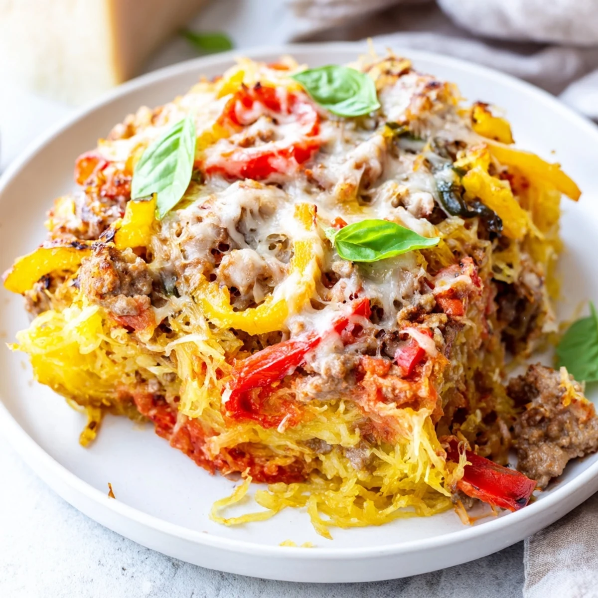 Golden-baked Sausage and Peppers Spaghetti Squash Casserole with bubbly mozzarella and fresh basil garnish.