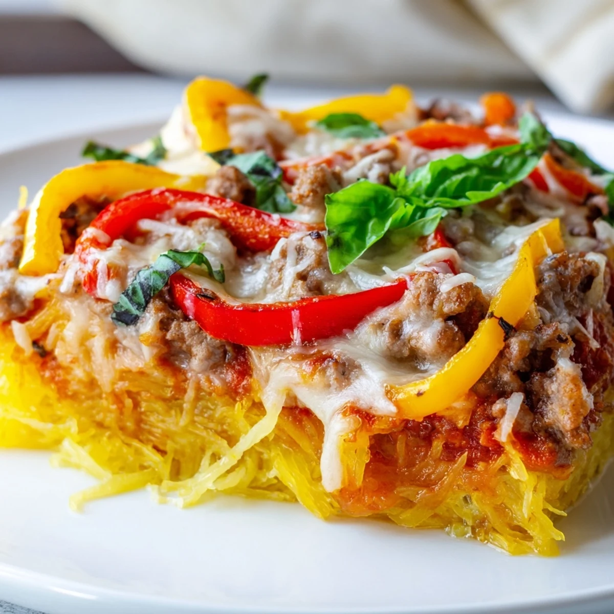 A close-up slice of Sausage and Peppers Spaghetti Squash Casserole showing Italian sausage and cheesy topping.