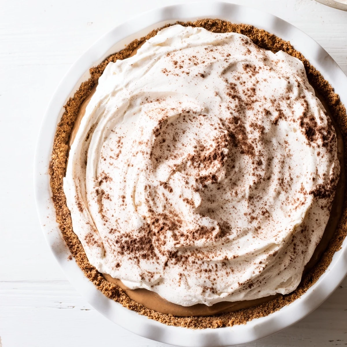 A slice of Keto Cold Brew Coffee Pie with a creamy, no-bake filling and a crisp almond flour crust.