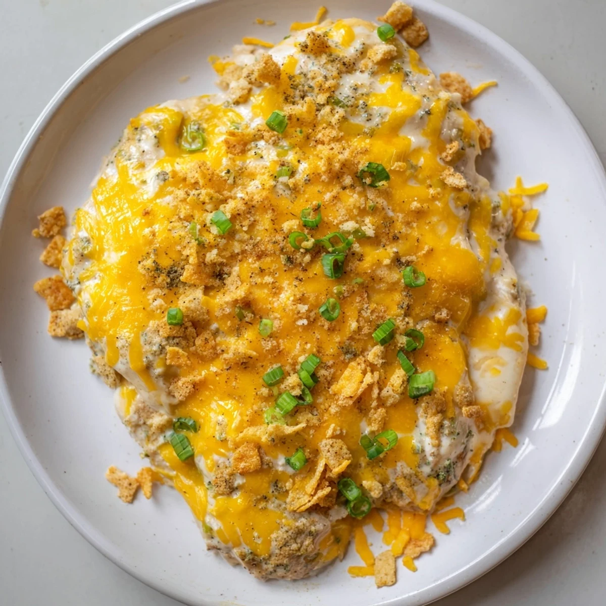 Golden-baked Sour Cream and Onion Chicken breasts with a bubbly cheddar and green onion topping served with rice.