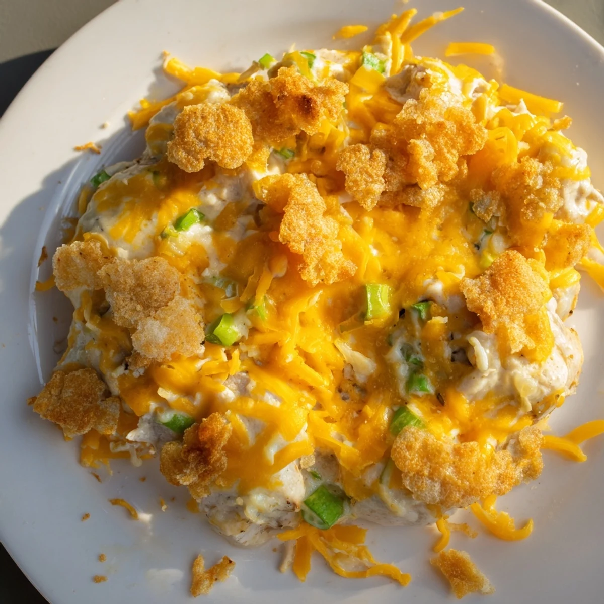 Close-up of baked Sour Cream and Onion Chicken breasts in a rich white sauce, topped with melted cheddar and chips.
