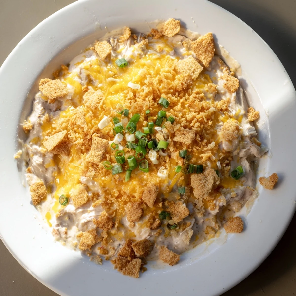 Tender chicken breasts coated in creamy Sour Cream and Onion Chicken sauce, garnished with fresh green onions on a dinner plate.