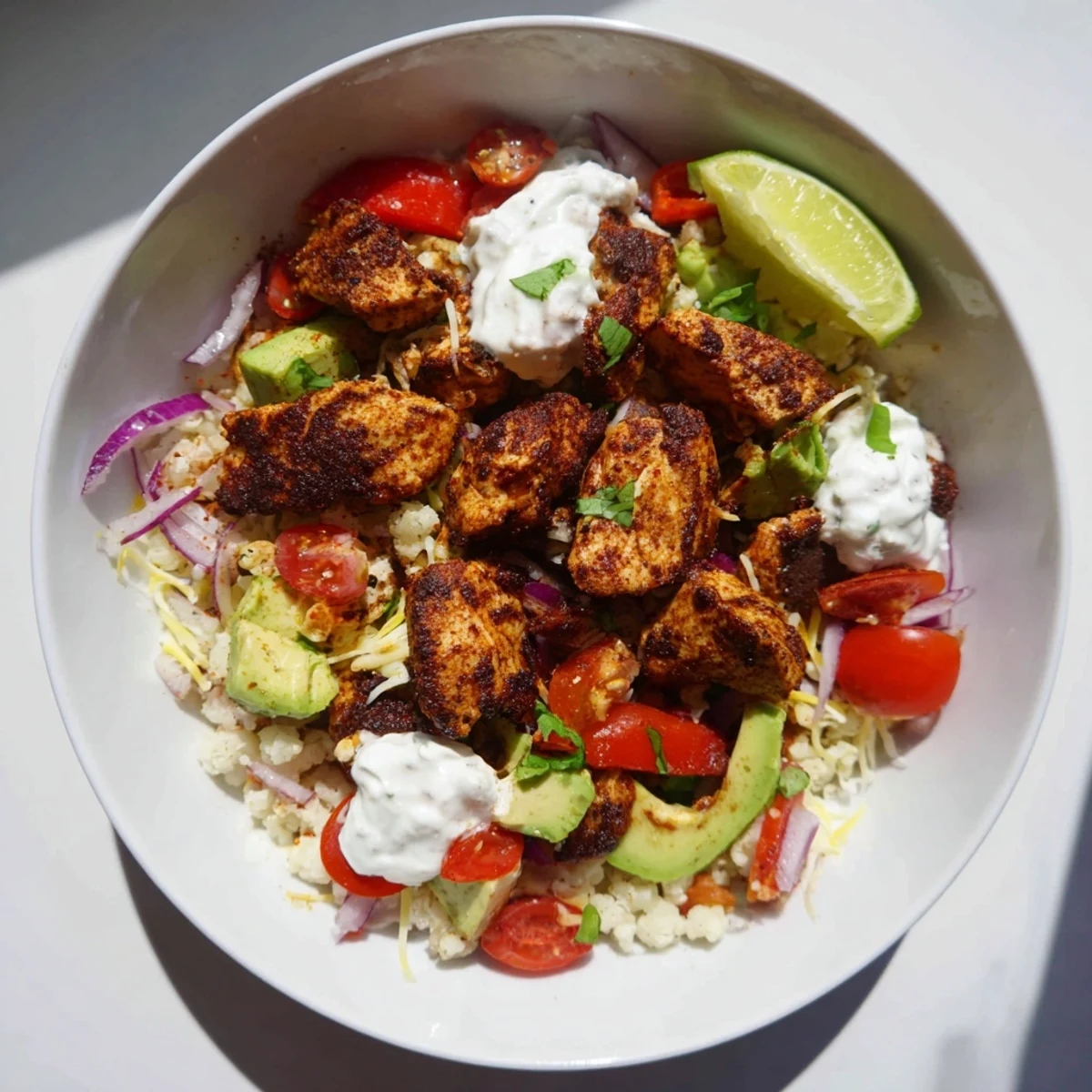 In this Low Carb Burrito Bowl, juicy chicken rests on cauliflower rice with vibrant bell peppers, onions, and cheese.
