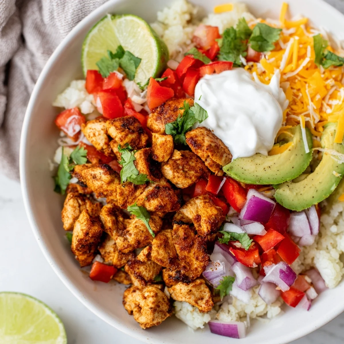 A Low Carb Burrito Bowl features seasoned chicken, riced cauliflower, and fresh avocado slices, served with lime wedges.