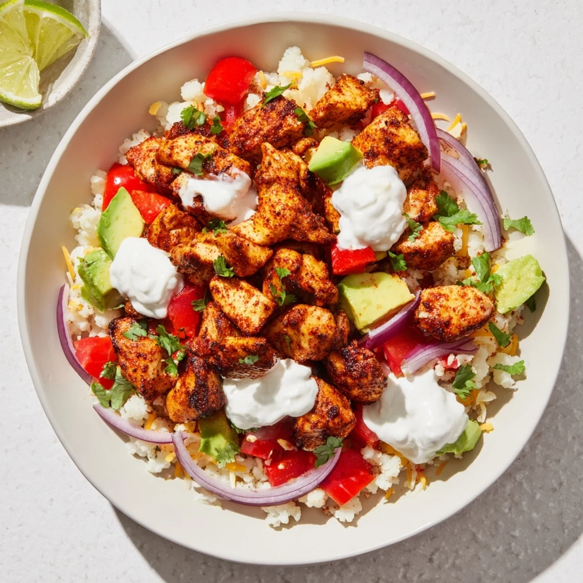 Low Carb Burrito Bowl with grilled chicken, cauliflower rice, and all the fresh toppings, served on a white plate.