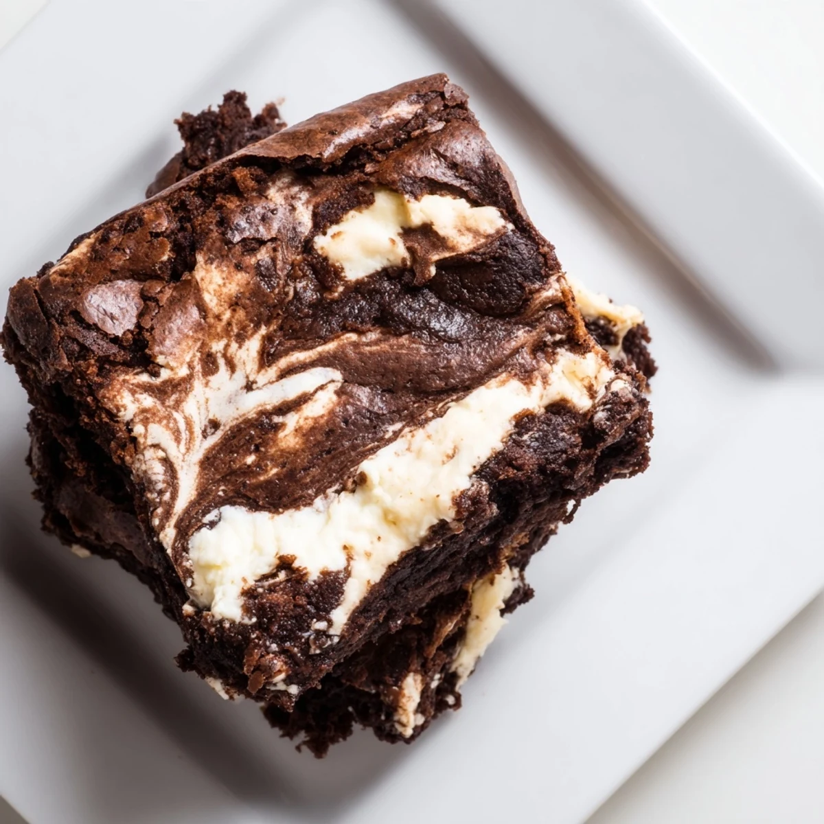 Warm, freshly baked Cottage Cheese Brownies with a visible swirl of creamy cottage cheese and rich fudgy chocolate texture.