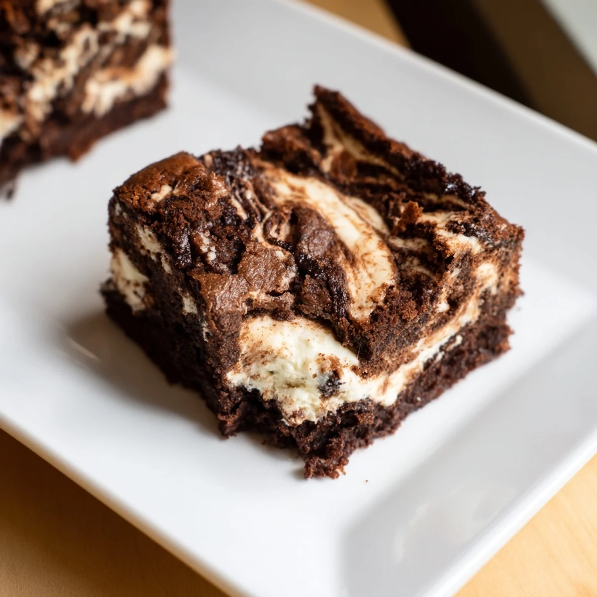 Golden-edged Cottage Cheese Brownies served on a white plate, paired with a cold glass of milk for a classic treat.