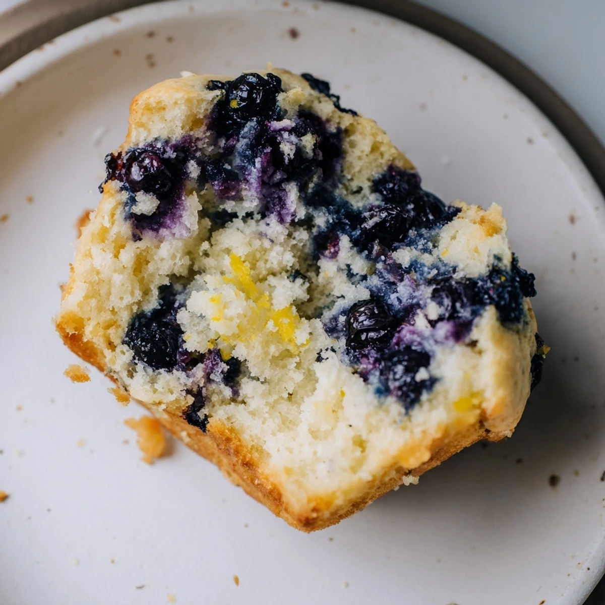 Warm Sourdough Blueberry Muffins lined up on a cooling rack with fresh blueberries spilling beside them.