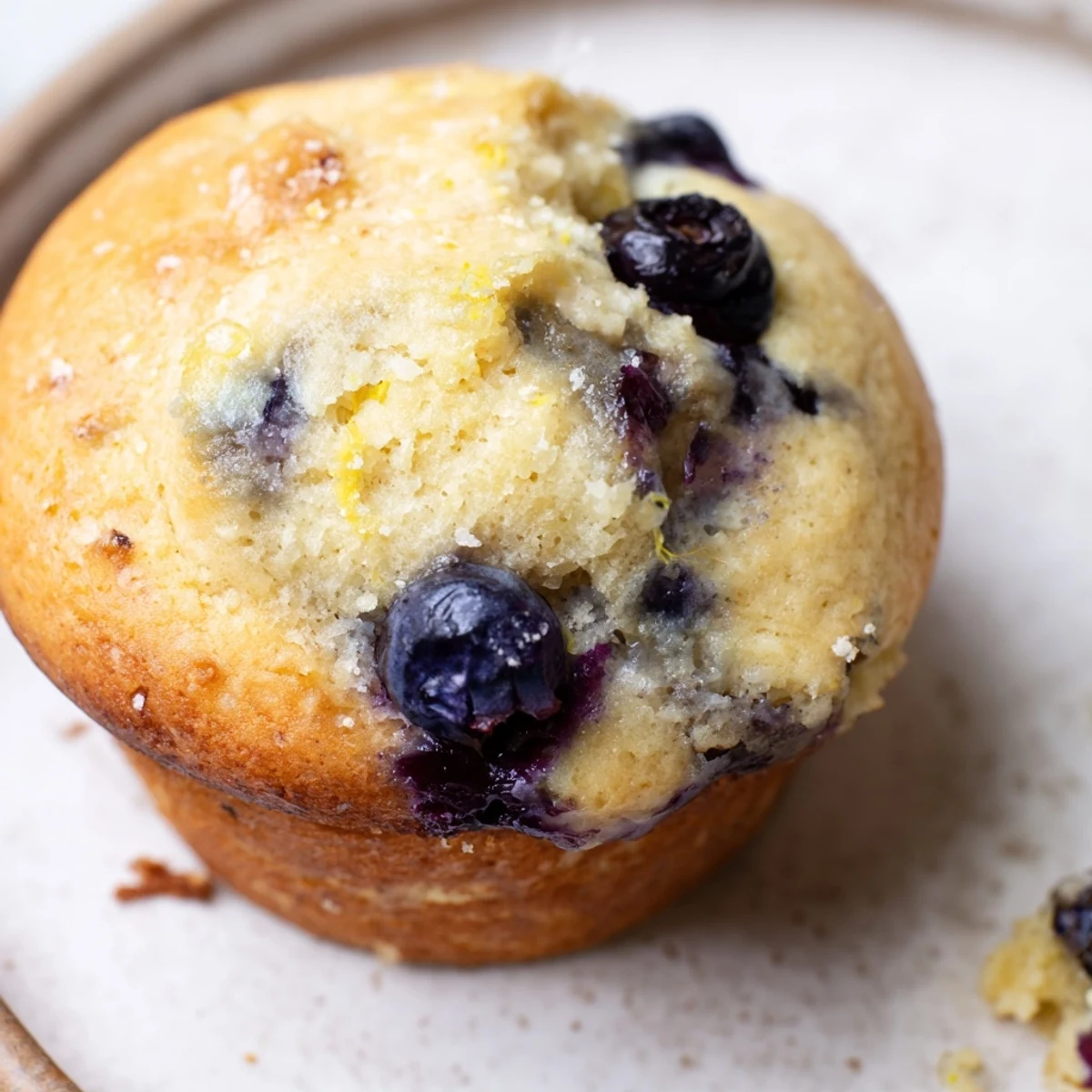 Freshly baked Sourdough Blueberry Muffins with golden tops and visible blueberries on a wooden board.