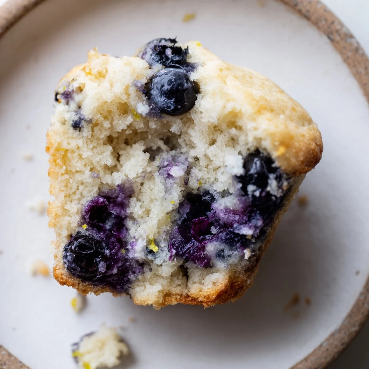 Moist Sourdough Blueberry Muffins with tangy aroma served on a white plate with a side of butter.