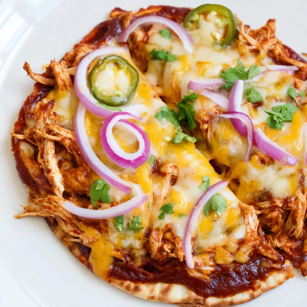 Sliced and served on a wooden board, the BBQ chicken flatbread offers a crispy edge, tender chicken pieces, and a drizzle of extra sauce with chopped cilantro.