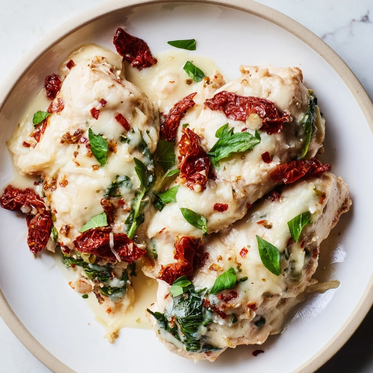 Golden bubbly mozzarella tops the Marry Me Low Carb Chicken Casserole with vibrant spinach and sun-dried tomatoes.