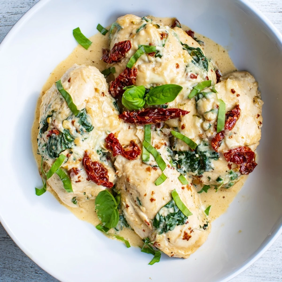 A spoon scoops the creamy Marry Me Low Carb Chicken Casserole beside fresh basil garnish.