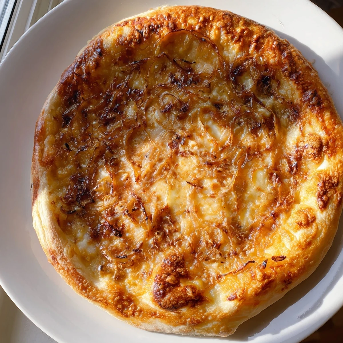 Golden-brown Caramelized Onion Pizza With Melty Cheese rests on a wooden board, topped with fresh thyme and arugula.